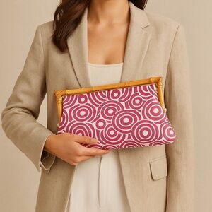 Vintage Donna Dixon Bamboo Frame Clutch Pink Mod Circle Print